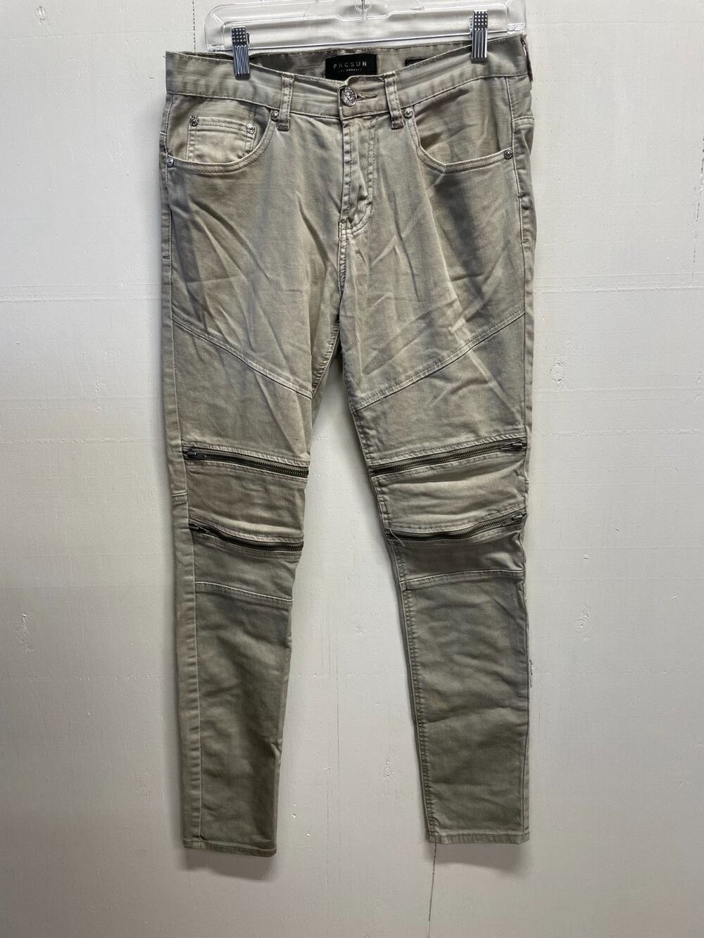 Pacsun Men's Stacked Skinny Jeans Moto-Style Ribbed Panels & Zippers 30x30 Tan